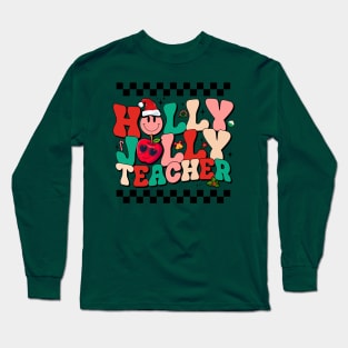 Vintage Groovy Holly And Jolly Teacher Santa Christmas 2023 Long Sleeve T-Shirt